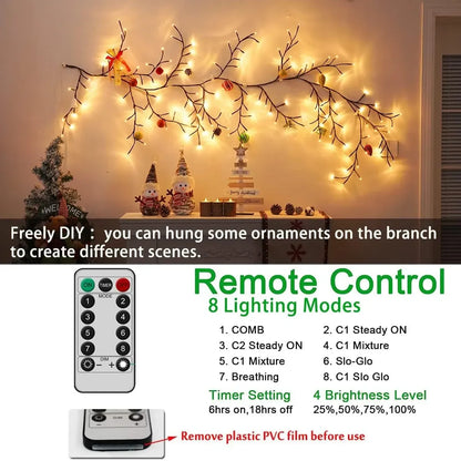 96 LED Willow Vine Branch Lights Remote Controlled USB Wall Decor Light - 
