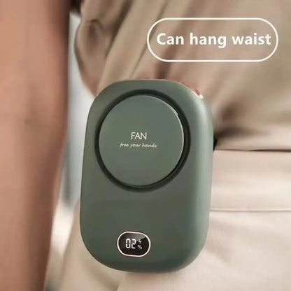 A green handheld fan with digital display held by a person