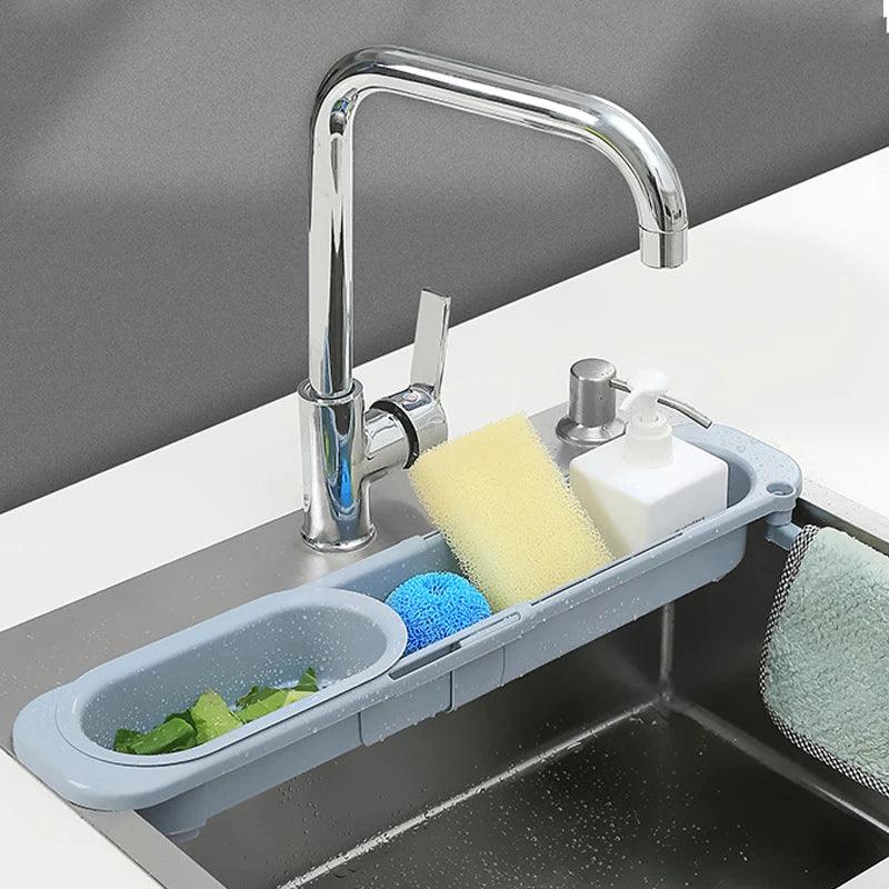 Adjustable Kitchen Sink Drain Basket Expandable Soap & Towel Rack Organizer - Blue
