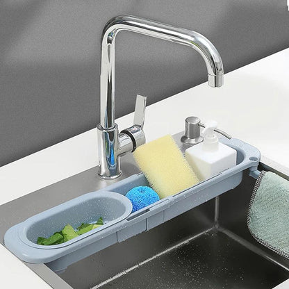 Adjustable Kitchen Sink Drain Basket Expandable Soap & Towel Rack Organizer - Blue