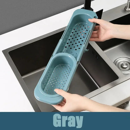 Adjustable Kitchen Sink Drain Basket Expandable Soap & Towel Rack Organizer - Gray