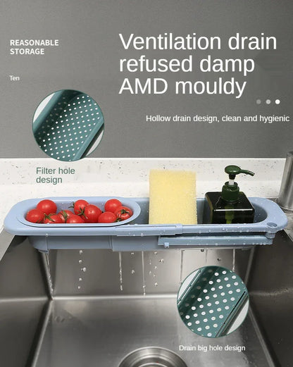 Adjustable Kitchen Sink Drain Basket Expandable Soap & Towel Rack Organizer - Blue