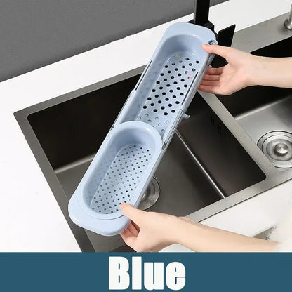 Adjustable Kitchen Sink Drain Basket Expandable Soap & Towel Rack Organizer - Blue