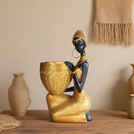 African Girl Figurine Storage Plate Vintage Resin Jewelry & Key Tray Decor - Style 1