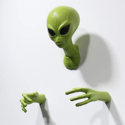 3D Green Alien Wall Sculpture – Extraterrestrial Breakthrough Wall Decor - 