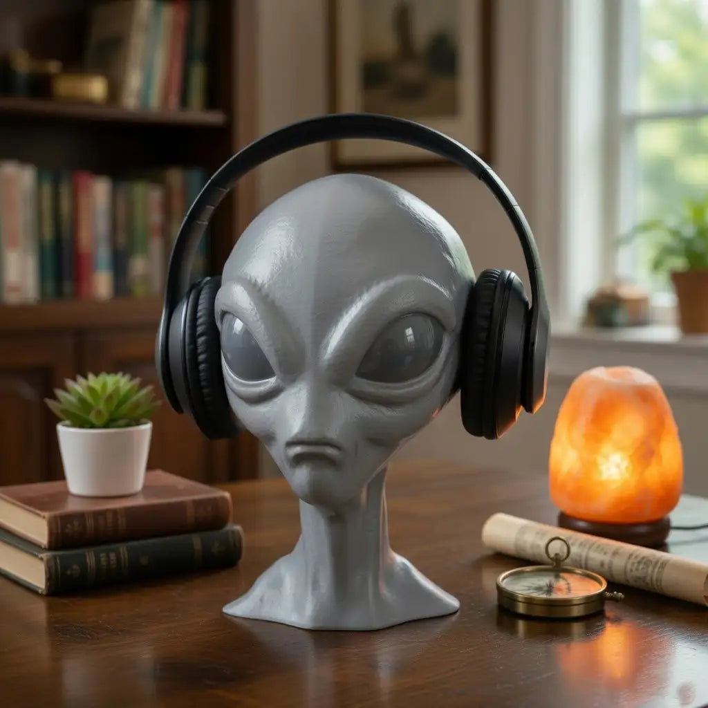 Alien head figure with headphones on a table with books and a salt lamp in the background