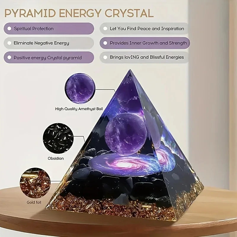 Amethyst Crystal Ball Pyramid Stress Relief & Wealth Home Decoration - 