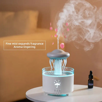 Aroma diffuser emitting mist with a bottle of essential oil on a blurred background