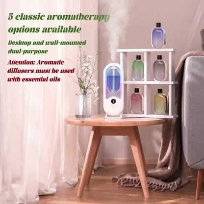 Aromatherapy diffuser on a wooden table with essential oil bottles in the background.