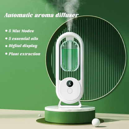 Automatic aroma diffuser with features listed on a green background