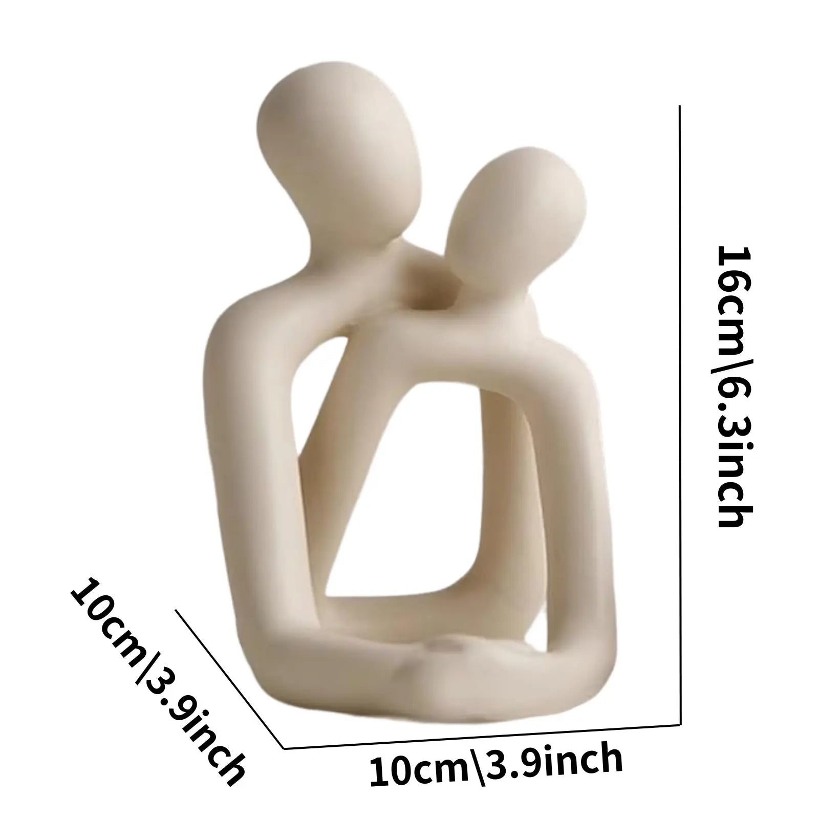 Beige abstract sculpture of two figures embracing with measurements on a white background