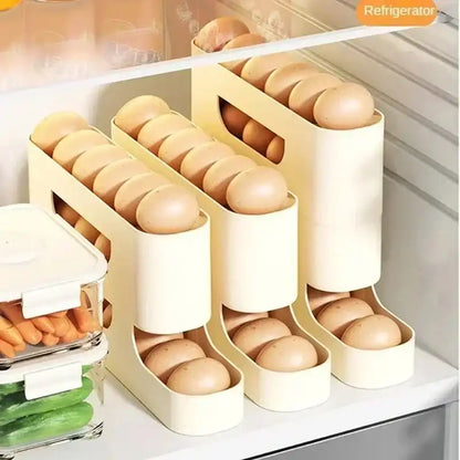Beige egg holder with eggs inside a refrigerator