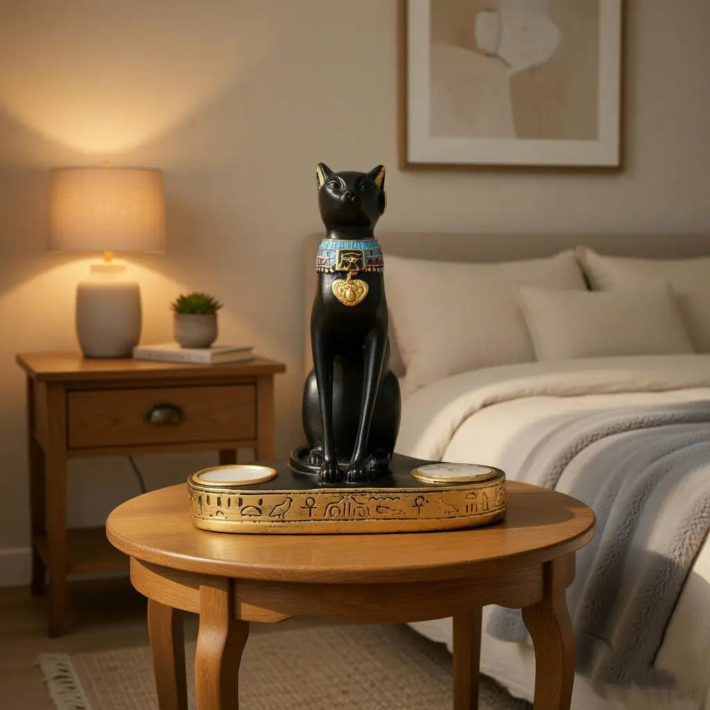 Black cat figurine on a wooden table in a bedroom setting