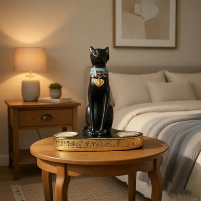 Black cat figurine on a wooden table in a bedroom setting