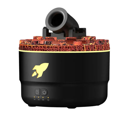 Black humidifier with decorative top and rocket logo on a white background