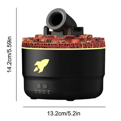 Black Air humidifier device with a rocket logo and measurements on a white background