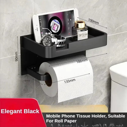 Black Gold Toilet Paper Holder with Phone Shelf Space Aluminum Wall Mount - Black