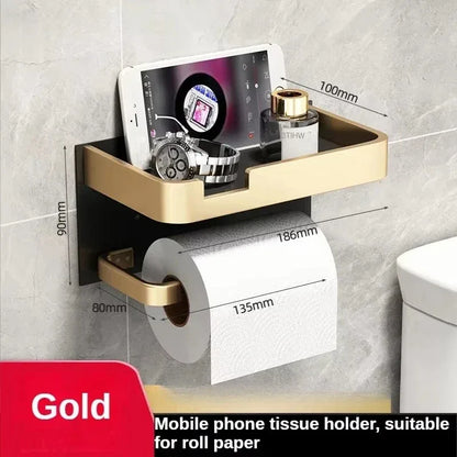 Black Gold Toilet Paper Holder with Phone Shelf Space Aluminum Wall Mount - Golden
