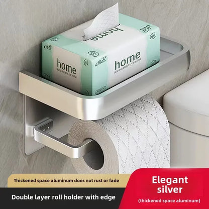 Black Gold Toilet Paper Holder with Phone Shelf Space Aluminum Wall Mount - Silver