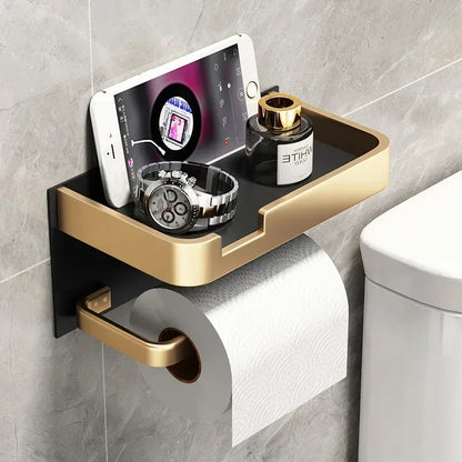 Black Gold Toilet Paper Holder with Phone Shelf Space Aluminum Wall Mount - Grey
