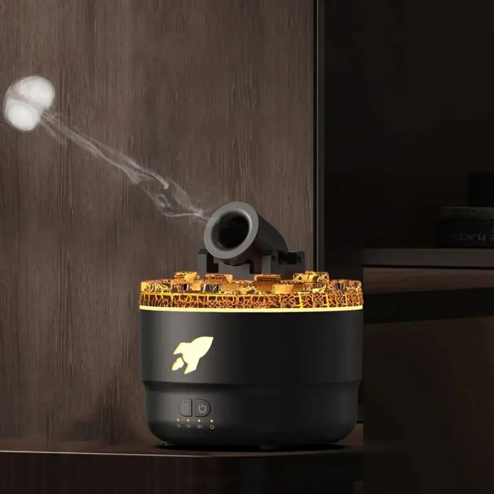 Black and gold humidifier emitting mist on a wooden surface