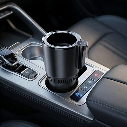 Black car cup holder with built-in fan and temperature display in a vehicle's console.