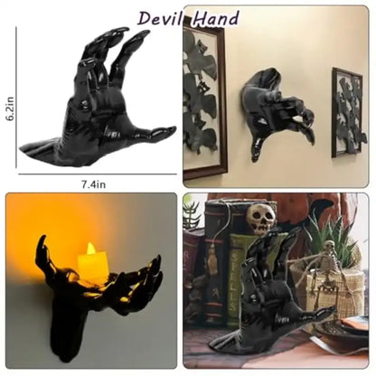 Black decorative hand wall art with measurements and usage examples.
