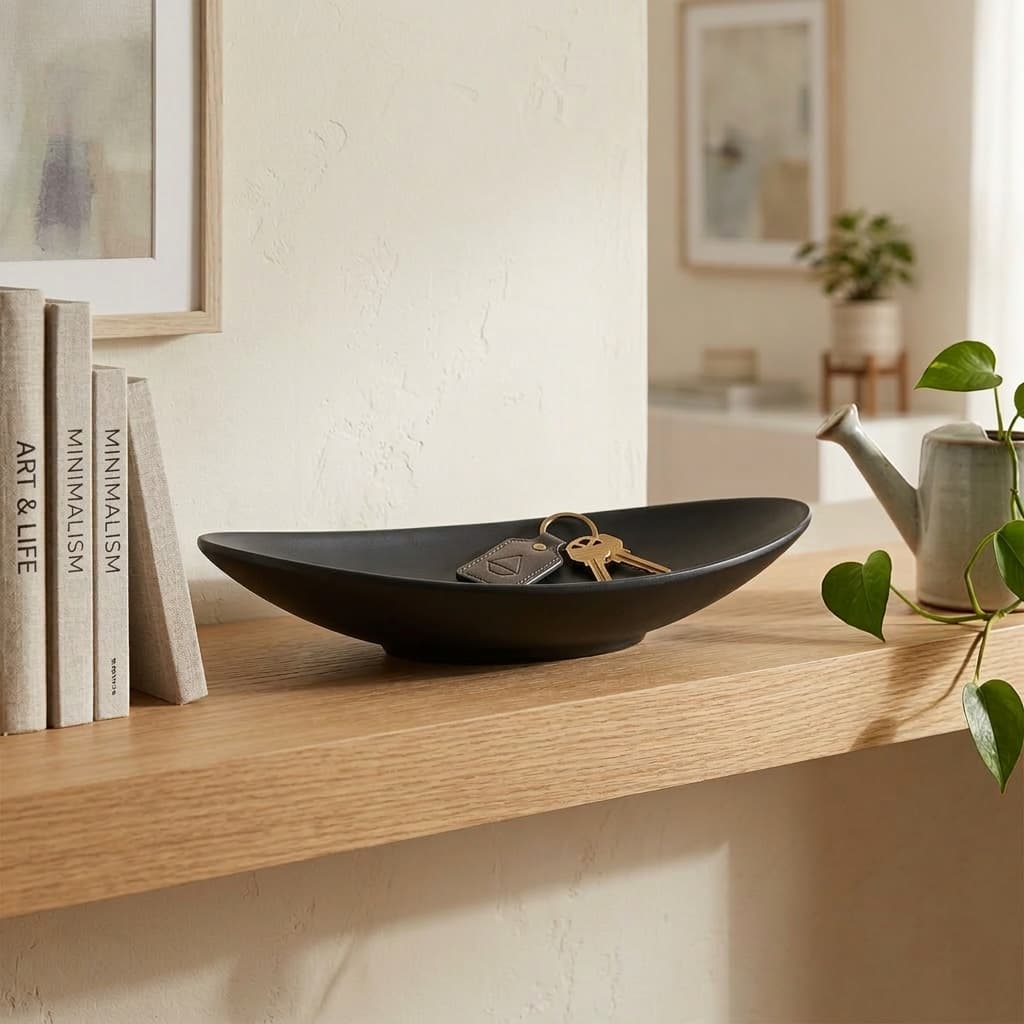 Black dish on a wooden shelf with keys, books, and a teapot in a home setting.