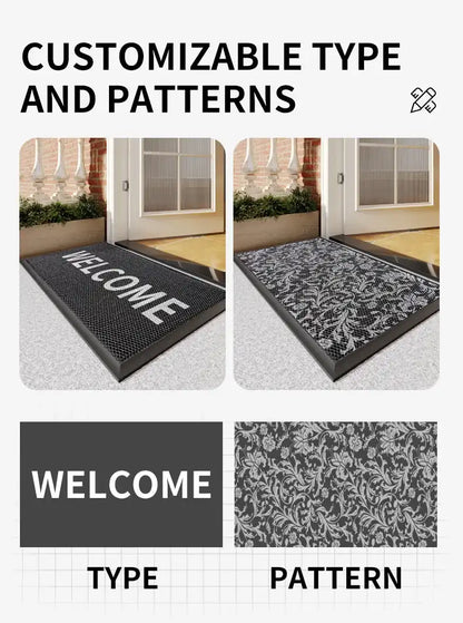 Black doormat with text highlighting features on a light gray floor.
