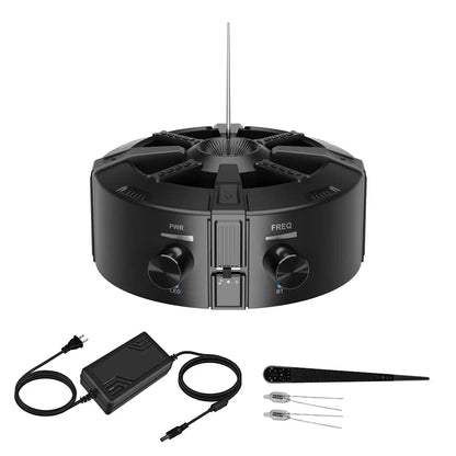 Black electronic device with components on a white background