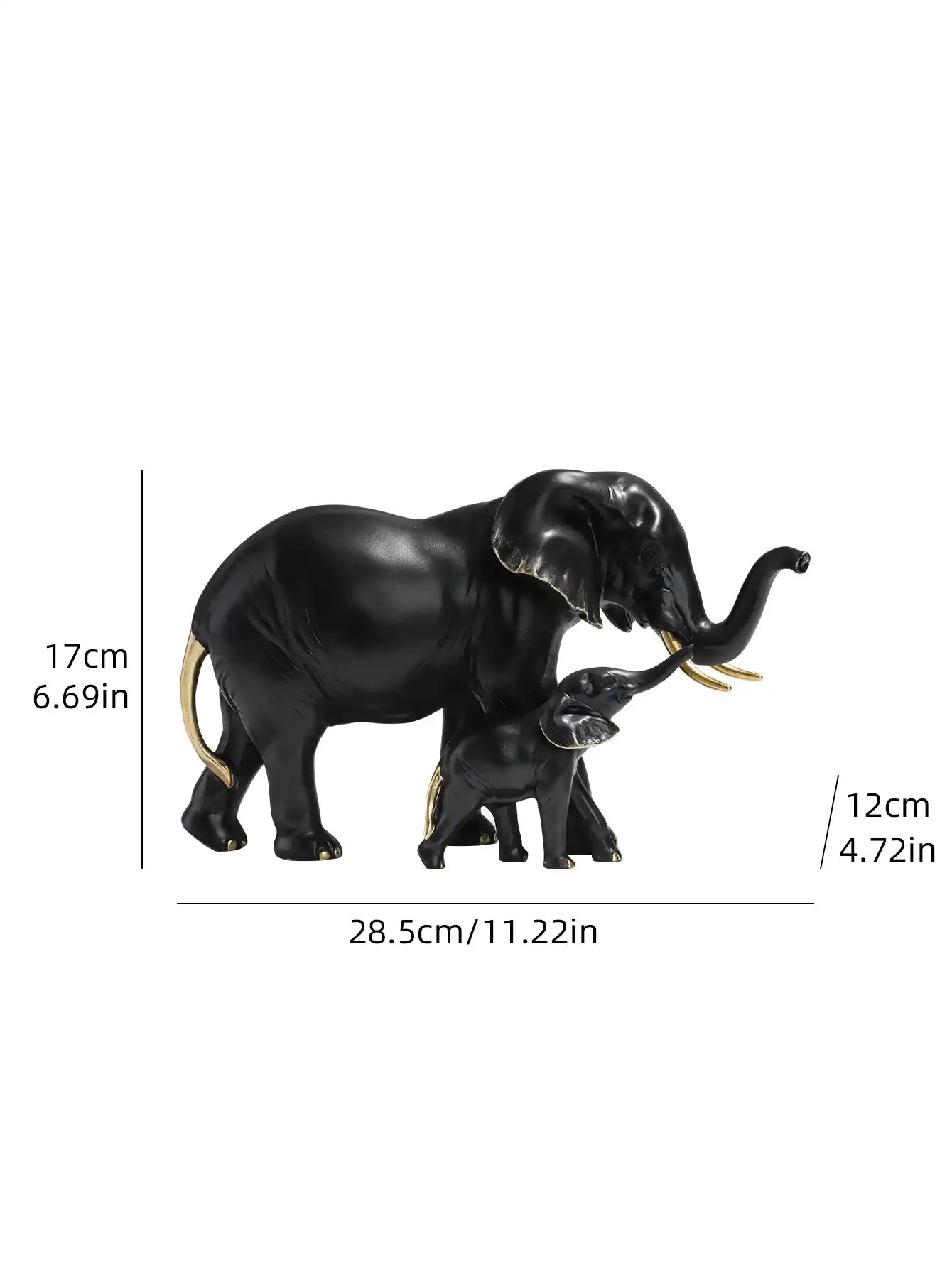 Black elephant figurine with measurements on a white background