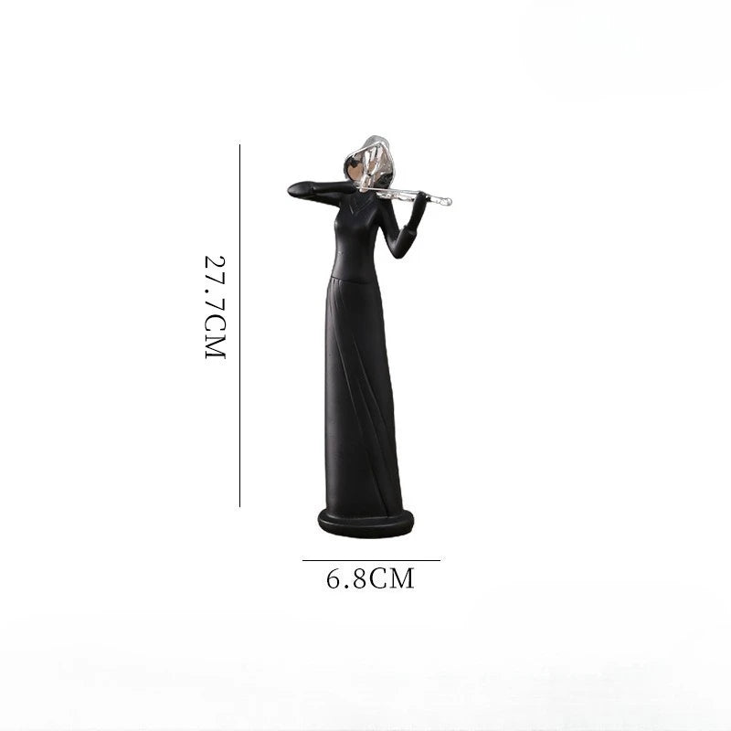 Black figurine of a woman playing a flute with dimensions indicated on a white background