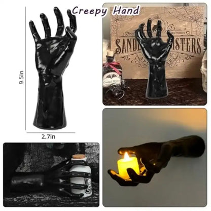 Black hand sculpture with measurements and usage examples on a dark background