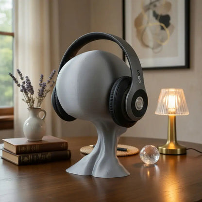 Black headphones on a white stand on a wooden surface with books and a lamp in the background.