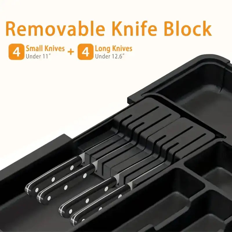 Black knife block with four small and four long knives, labeled 'Removable Knife Block'.