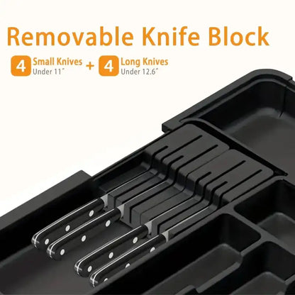 Black knife block with four small and four long knives, labeled 'Removable Knife Block'.