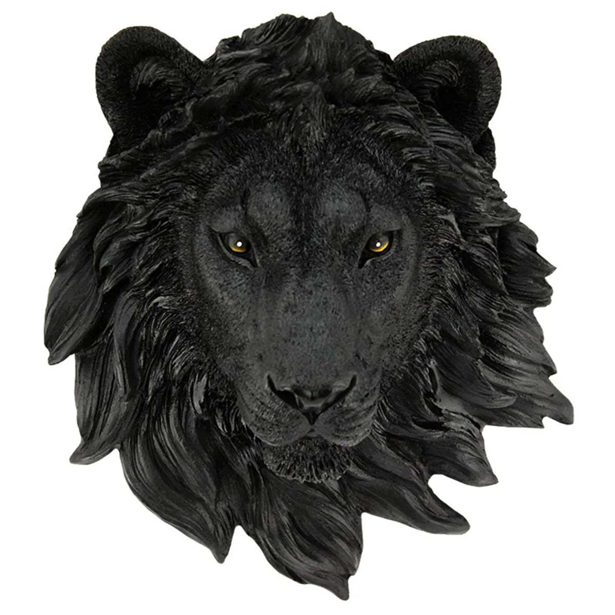 Black lion head wall decoration on a white background