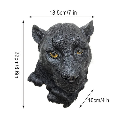 Black panther head sculpture with measurements on a white background
