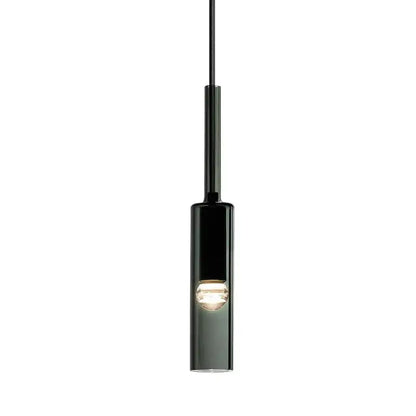 Black pendant light with clear glass shade on a white background