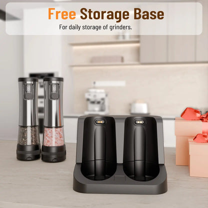 Black pepper grinder set with a storage base on a kitchen counter.