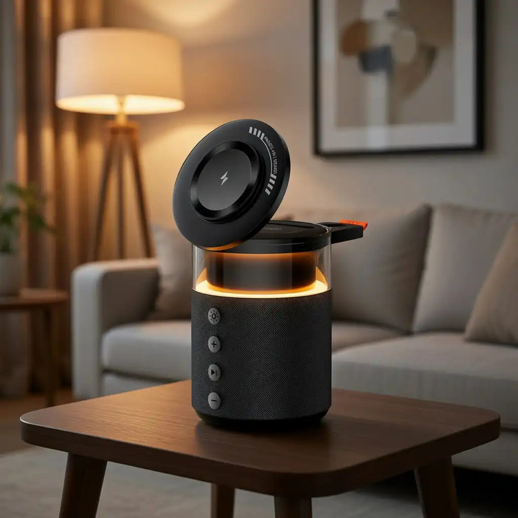 Black smart speaker with a glowing base on a wooden table in a living room setting.