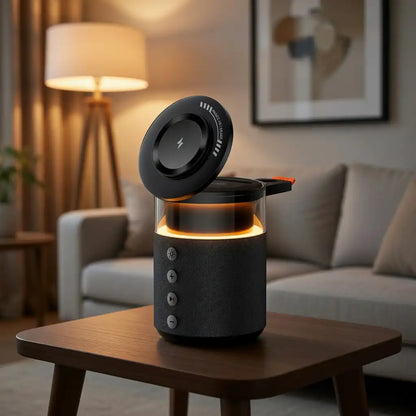Black smart speaker with a glowing base on a wooden table in a living room setting.