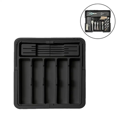 Black tool organizer with tools on a white background