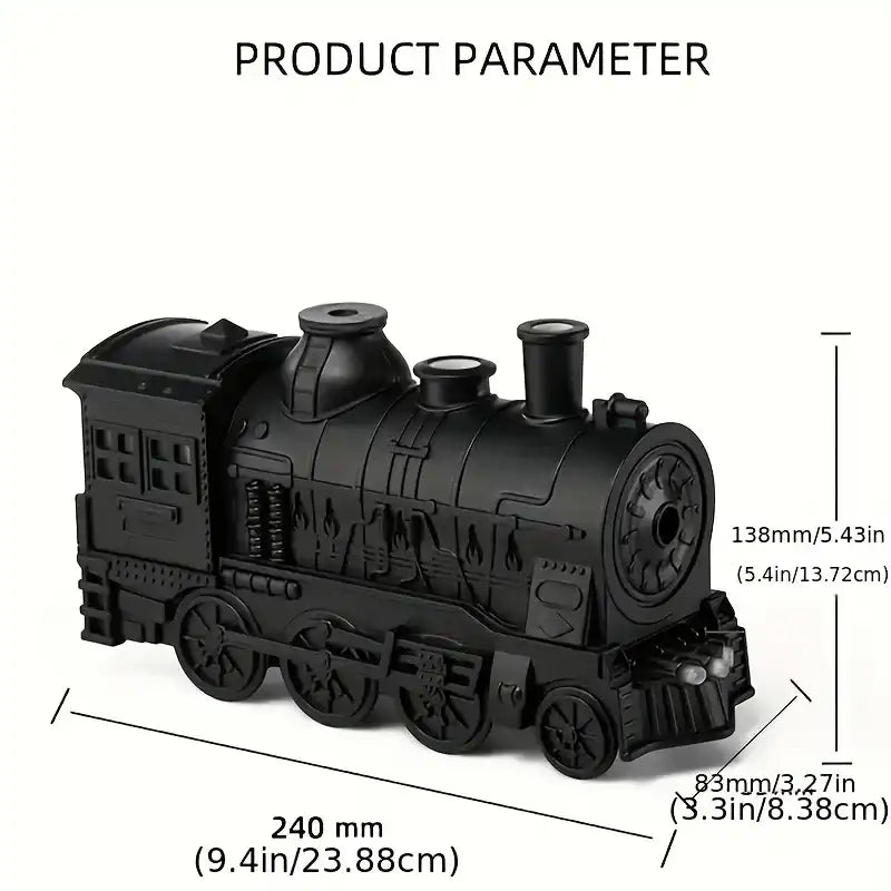 Black toy train with measurements on a white background