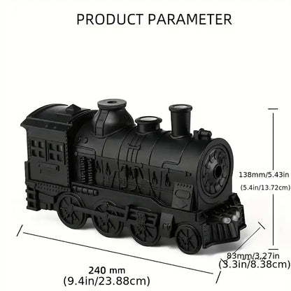 Black toy train with measurements on a white background