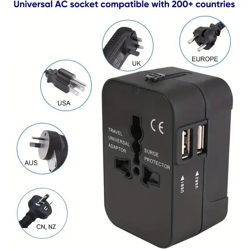 Black universal travel adapter with multiple plug types on a white background