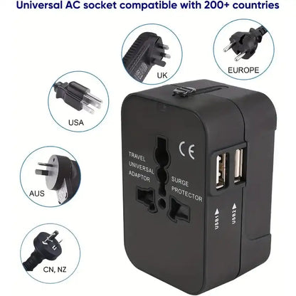 Black universal travel adapter with multiple plug types on a white background