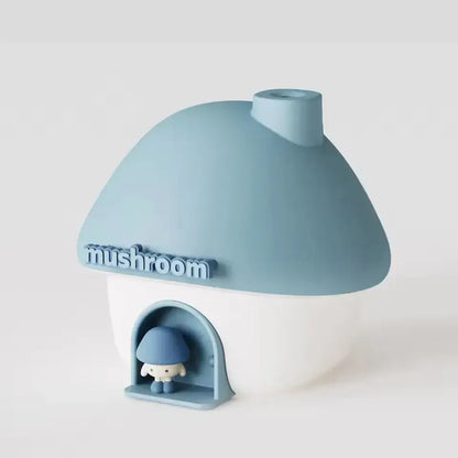 Blue mushroom-shaped container with a small figure inside on a white background