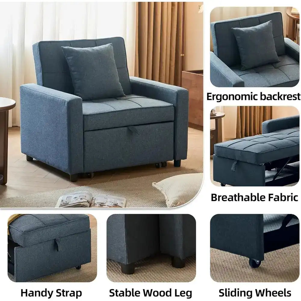 Blue armchair with various features highlighted in a collage