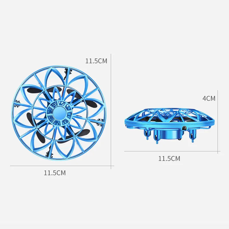 Blue drone with dimensions labeled on a white background